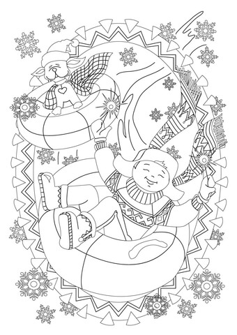 Online coloring book: Coloring page boy and dog welcome winter